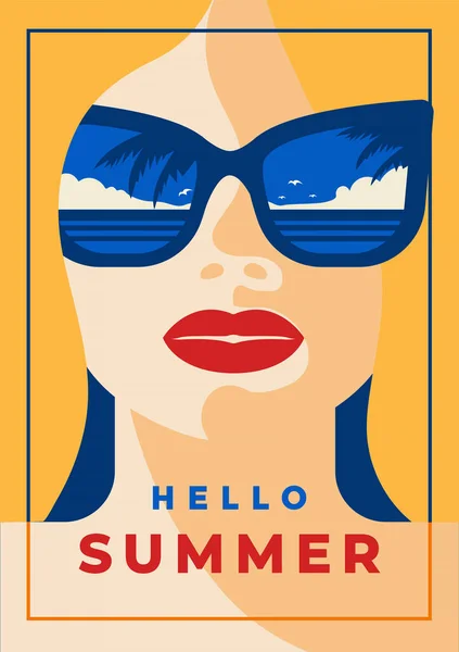 海をイメージしたヴィンテージスタイルのポスターとサングラスをかけた女性 レトロな夏休みのポスターフラットデザイン ベクターイラスト — ストックベクタ
