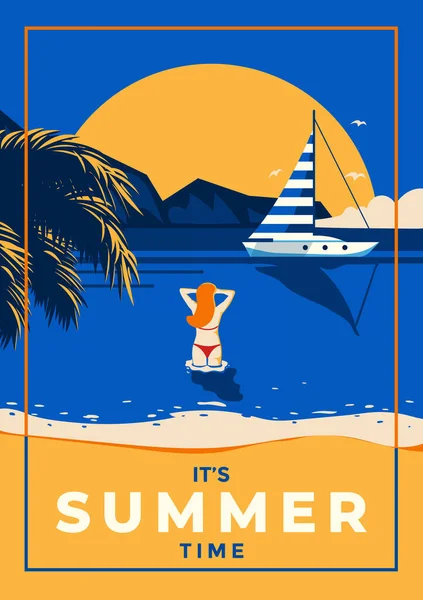 海と水の中に入る女性とヴィンテージスタイルのポスター レトロな夏休みのポスターフラットデザイン ベクターイラスト — ストックベクタ