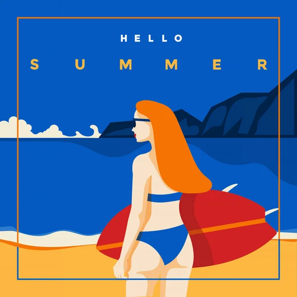 海のあるヴィンテージスタイルのポスターとサーフボードのある女性 レトロな夏休みのポスターフラットデザイン ベクターイラスト — ストックベクタ
