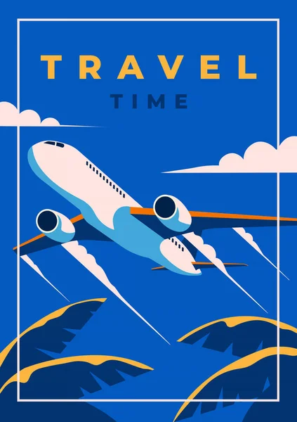 一款带有飞机和云彩的老式风格海报 复古旅游时间海报平面设计 病媒图解 — 图库矢量图片