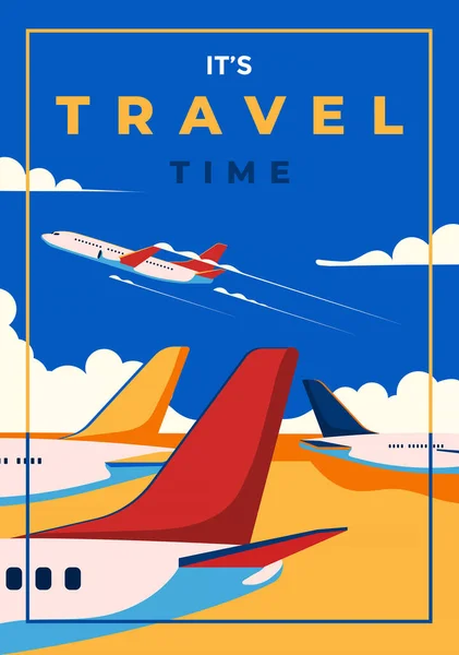 一个老式风格的海报与飞机和机场 复古旅游时间海报平面设计 病媒图解 — 图库矢量图片