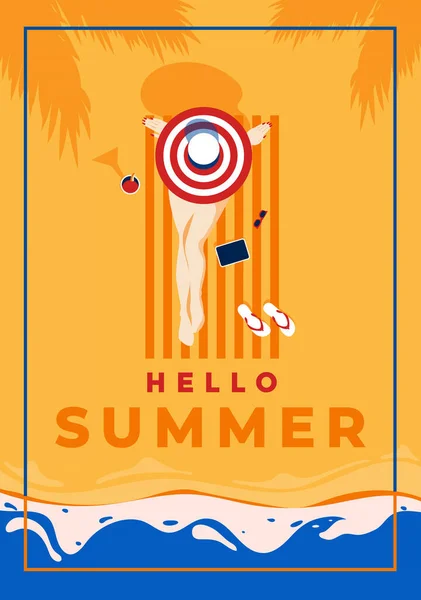 トロピカルビーチのあるヴィンテージスタイルのポスターと女性砂の上でお楽しみください レトロな夏休みのポスターフラットデザイン ベクターイラスト — ストックベクタ