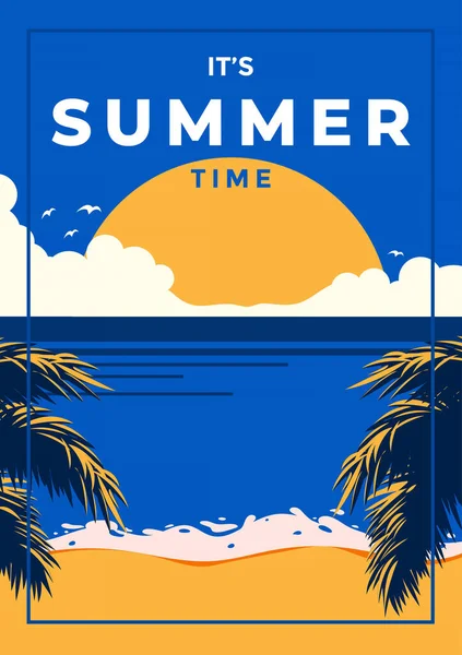 トロピカルビーチのあるヴィンテージスタイルのポスターと海の夕日 レトロトラベルタイムポスターフラットデザイン ベクターイラスト — ストックベクタ