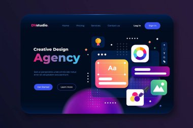 Tasarım Ajansı 'nın iniş sayfası şablonu. Web UI-UX tasarımı, web geliştirme konsepti. Web sitesi ve mobil web sitesi için modern 3D tasarım konsepti. Düzenlemek ve kişiselleştirmek kolay. Vektör illüstrasyonu
