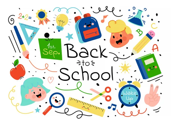 Back School Collection Characters Elements Vector Illustration — Stock Vector