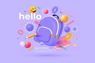 Okul malzemeleri havada yüzüyor. Ön planda mavi sırt çantası ve mor pastel arka planda. Okul ve eğitim konsepti 3 boyutlu canlandırma. Vektör 3d Görüntü