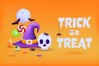 Üç boyutlu Cadılar Bayramı şablonu. Şeker mi şaka mı metni. Cadılar Bayramı tasarım elemanı 3 boyutlu ve plastik karikatür tarzında. Poster, afiş ve tebrik kartı için Cadılar Bayramı 3D tarzı. Vektör 3d illüstrasyon