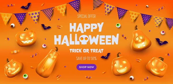Happy Halloween Banner Penjualan Spanduk Oranye Dengan Labu Yang Bersinar Grafik Vektor