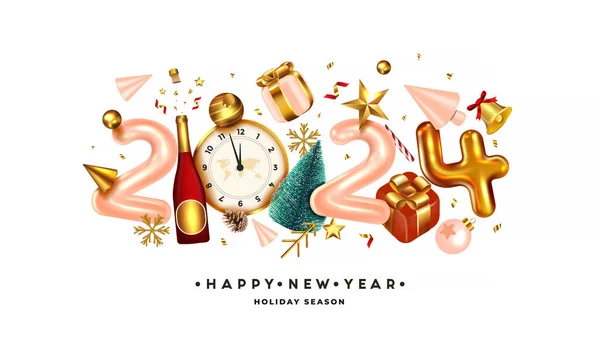 Šťastný Nový Rok2024 Zlaté Kovové Číslo Bílém Pozadí Realistické Vykreslování Vektorová Grafika