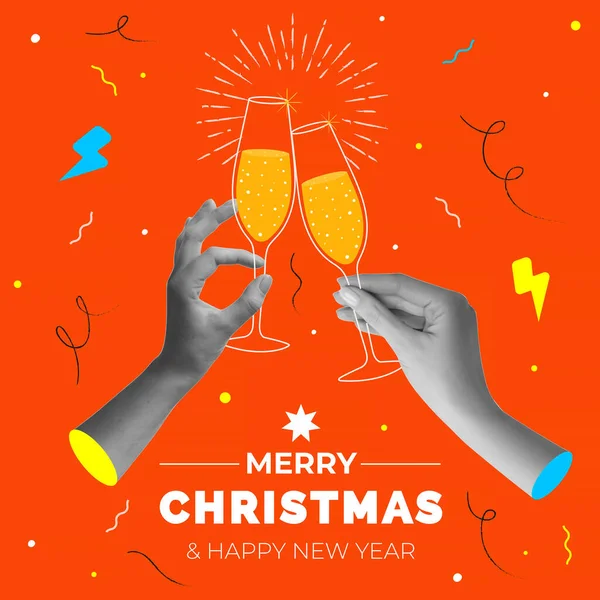 Dvě Ruce Držící Sklenice Šampaňského Módní Půltónová Koláž Veselé Vánoce Stock Vektory