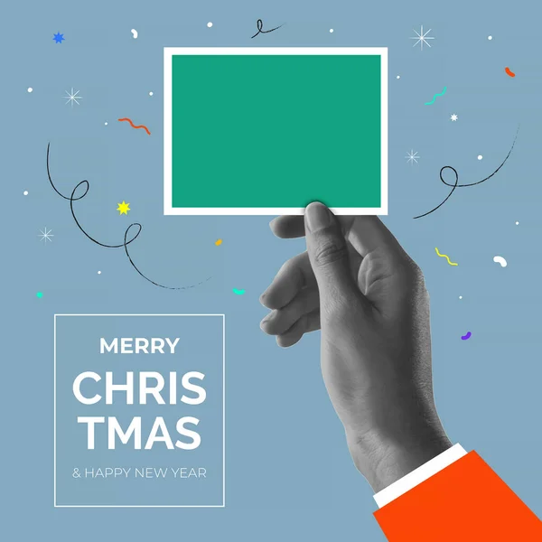 圣诞快乐贺卡 手持空白相框 彩色复古拼贴图解 设计海报 问候语及新年庆祝活动 病媒图解 图库插图