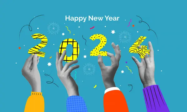 Szczęśliwego Nowego Roku Kolaż Projekt Rąk Gospodarstwa 2024 Kolorowe Ilustracje Ilustracje Stockowe bez tantiem