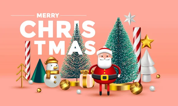 圣诞作文 有白色 绿色和金色的圣诞树 雪人和传统的红衣圣诞老人 矢量3D说明 免版税图库插图