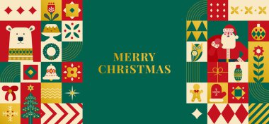 Mutlu Noeller, modern geometrik afiş şablonu. Kış dekorasyonlu soyut Xmas tatil mozaik posteri. Parti davetiyesi, minimalist aralık kutlama kartı. İskandinav tarzı. Vektör illüstrasyonu