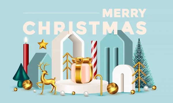 クリスマスのお祝いの冬3D構成 現実的なステージ 表彰台 Xmasスタジオ 最小限の抽象的な新年の背景 現代のクリエイティブホリデーテンプレート バナーとポスター ベクトルイラスト ストックベクター