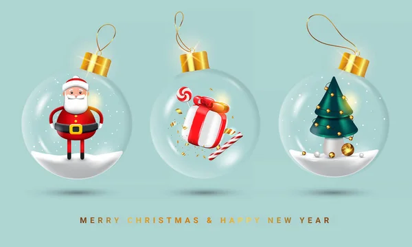 圣诞装饰品舞会 设置透明玻璃圣诞球与雪里面和礼品盒 圣诞老人 圣诞树 圣诞装饰设计 新年假期的物品 矢量说明 图库插图