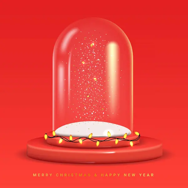 玻璃雪球圣诞装饰设计 透明玻璃圆顶下的软糖 雪白飘扬 有光泽的花环 圣诞节的红色圆形场景 红白相间的工作室推广产品代表 图库插图
