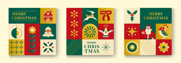 一套简单的圣诞背景 典雅的几何简约风格 圣诞快乐 新年快乐 装饰品和圣诞树元素 复古清洁概念设计 免版税图库矢量图片