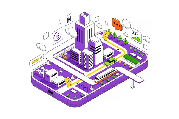 モバイルアプリケーションでオンラインで地図とナビゲーション 道路と建物 Gps ワールドマップと幾何学的な都市計画 アイソメトリックスマートシティコンセプト 3Dベクトルイラスト ロイヤリティフリーのストックイラスト