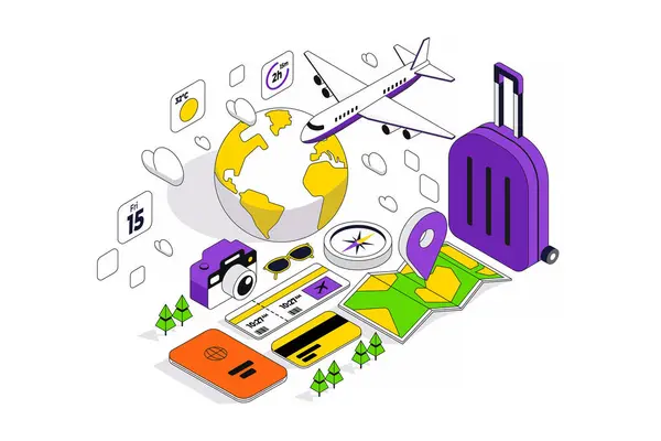 Nowoczesna Ilustracja Izometryczna Aplikacji Travel Może Być Używany Strony Internetowej Wektory Stockowe bez tantiem