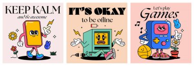 Çeşitli elektronik depolama aygıtları ayarlandı. 90 'ların çizgi film stili maskotları disket ya da disket, akıllı telefon, bilgisayar, klasik oyun aletleri. Contour vektör illüstrasyonu.