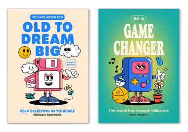 Retro çizgi film yürüyüşü, gülümseyen unsurlar ve motivasyon harfleriyle çevrili Disket ve oyun konsolu maskotu karakterine gülümsedi. Tişört baskısı ya da poster tasarımı için resim. Vektör illüstrasyonu