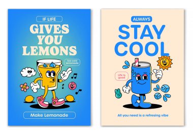 Retro çizgi film yürüyüşü gülümseyen Lemonade ve Soda gülümseyen elementler ve motivasyon harfleriyle çevrili maskotluk yapabilir. Tişört baskısı ya da poster tasarımı için resim. Vektör illüstrasyonu
