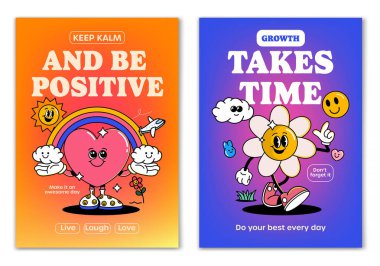 Retro çizgi film yürüyüşü gülümseyen yürek ve çiçek maskotu karakterin etrafında gülen elementler ve motivasyon mektupları vardı. Tişört baskısı ya da poster tasarımı için resim. Vektör illüstrasyonu