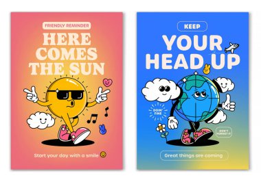 Retro çizgi film yürüyüşü, gülümseyen elementler ve motivasyon harfleriyle çevrili, gülümseyen Güneş ve Buz Dünya maskotu karakterine dönüştü. Tişört baskısı ya da poster tasarımı için resim. Vektör illüstrasyonu