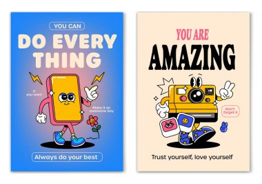 Retro çizgi film yürüyüşü, gülümseyen unsurlar ve motivasyon harfleriyle çevrili akıllı telefon ve kamera maskotu karakterine gülümsedi. Tişört baskısı ya da poster tasarımı için resim. Vektör illüstrasyonu