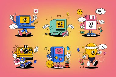 Çeşitli konulardaki komik çizgi film karakterleri. Çıkartma, poster, parmak izi olarak kullanılabilir. Eski moda çizgi film tarzındaki komik unsurlar. Vektör illüstrasyonu