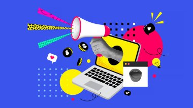 Çağdaş sanat kolajı. Bir dizüstü bilgisayar ve hoparlörü tutan bir elle yarım ton kolajı. Haberler yayılıyor. Sosyal medya bağımlılığı, popülerlik, nüfuz, modern yaşam tarzı ve reklam kavramı. Vektör illüstrasyonu