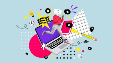 Renkli arka planda izole edilmiş web çalışması uygulamaları kullanarak netbook 'un üzerinden atlayan havalı çılgın kız öğrencilerin çağdaş sanat kolajı. Vektör illüstrasyonu