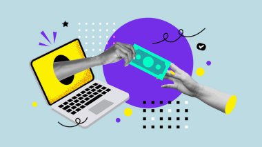 Yaratıcı çağdaş kolaj çalışmaları. Mavi arka planda izole edilmiş defter içindeki abonelik için para ödemelerinin poster taslağı. Vektör çizimi