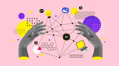 İnsan eliyle yapılan sancak kolajı her gün yapılıyor. Pembe arkaplandaki el çizimi desenli karalamalarla yarım ton efektiyle başa çıkmak. Vektör eğilimli illüstrasyon