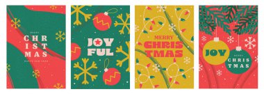 Noel ve Mutlu Yıllar Çiçek Kartı şablonları. Noel kartları dizaynı dallar, toplar ve süsler. Modern minimal resim posteri, broşür, afiş. Vektör İllüstrasyonu