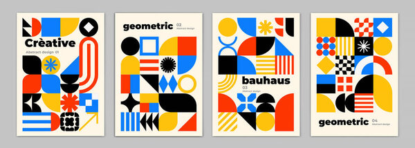 Creative geometric posters. Bauhaus cover templates with abstract geometry. Retro architecture minimal shapes, forms, lines design set. Magazine, journal or album creative art cover. Vector illustration