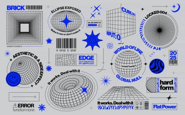 Asit tarzında Brutalist grafik varlıklar, farklı şekillerdeki kablo elementleri ile geçmişe dönük fütüristik arka plan, tasarım şablonu, poster, çıkartmalar, Y2k tarzında afişler için cesur modern şekiller. Vektör illüstrasyonu
