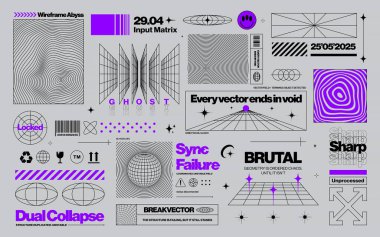 Asit tarzında Brutalist grafik varlıklar, farklı şekillerdeki kablo elementleri ile geçmişe dönük fütüristik arka plan, tasarım şablonu, poster, çıkartmalar, Y2k tarzında afişler için cesur modern şekiller. Vektör illüstrasyonu