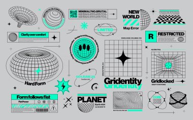 Asit tarzında Brutalist grafik varlıklar, farklı şekillerdeki kablo elementleri ile geçmişe dönük fütüristik arka plan, tasarım şablonu, poster, çıkartmalar, Y2k tarzında afişler için cesur modern şekiller. Vektör illüstrasyonu