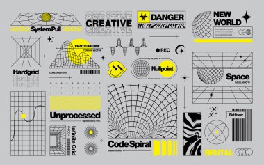 Asit tarzında Brutalist grafik varlıklar, farklı şekillerdeki kablo elementleri ile geçmişe dönük fütüristik arka plan, tasarım şablonu, poster, çıkartmalar, Y2k tarzında afişler için cesur modern şekiller. Vektör illüstrasyonu