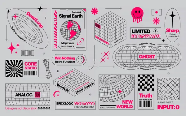 Asit tarzında Brutalist grafik varlıklar, farklı şekillerdeki kablo elementleri ile geçmişe dönük fütüristik arka plan, tasarım şablonu, poster, çıkartmalar, Y2k tarzında afişler için cesur modern şekiller. Vektör illüstrasyonu