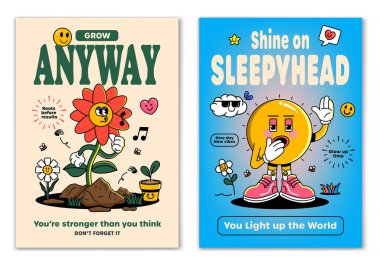 Retro çizgi film, gülümseyen elementler ve motivasyon harfleriyle çevrili Çiçek ve Uykucu Güneş maskotu karakterine gülümsedi. Tişört baskısı ya da poster tasarımı için resim. Vektör illüstrasyonu