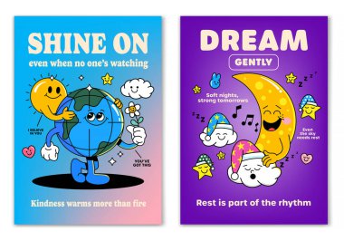 Retro çizgi film, gülümseyen elementler ve motivasyon harfleriyle çevrili Güneş, Dünya ve Uykulu Ay maskotu karakterine gülümsedi. Tişört baskısı ya da poster tasarımı için resim. Vektör illüstrasyonu