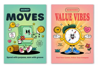 Retro çizgi film gülümseyen unsurlar ve motivasyon harfleri ile çevrili bir yığın para ve pusula maskotu karakter gülümsedi. Tişört baskısı ya da poster tasarımı için resim. Vektör illüstrasyonu