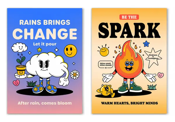 Retro çizgi film, gülümseyen unsurlar ve motivasyon mektuplarıyla çevrili Cloud ve Firavun emascot karakterine gülümsedi. Tişört baskısı ya da poster tasarımı için resim. Vektör illüstrasyonu