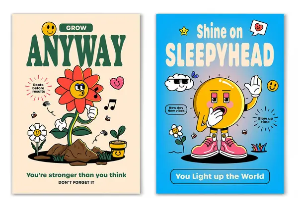 Retro çizgi film, gülümseyen elementler ve motivasyon harfleriyle çevrili Çiçek ve Uykucu Güneş maskotu karakterine gülümsedi. Tişört baskısı ya da poster tasarımı için resim. Vektör illüstrasyonu
