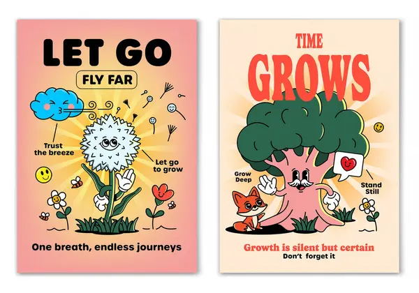 Retro çizgi film, gülümseyen unsurlar ve motivasyon harfleriyle çevrili Karahindiba ve Yaşlı Ağaç maskotu karakterine gülümsedi. Tişört baskısı ya da poster tasarımı için resim. Vektör illüstrasyonu