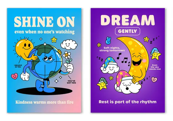Retro çizgi film, gülümseyen elementler ve motivasyon harfleriyle çevrili Güneş, Dünya ve Uykulu Ay maskotu karakterine gülümsedi. Tişört baskısı ya da poster tasarımı için resim. Vektör illüstrasyonu