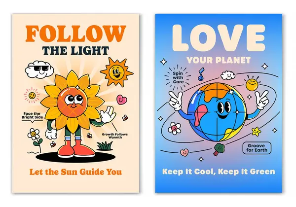 Retro çizgi film Ayçiçeği ve Mutlu Dünya maskotu karakterinin etrafında gülen elementler ve motivasyon mektupları vardı. Tişört baskısı ya da poster tasarımı için resim. Vektör illüstrasyonu